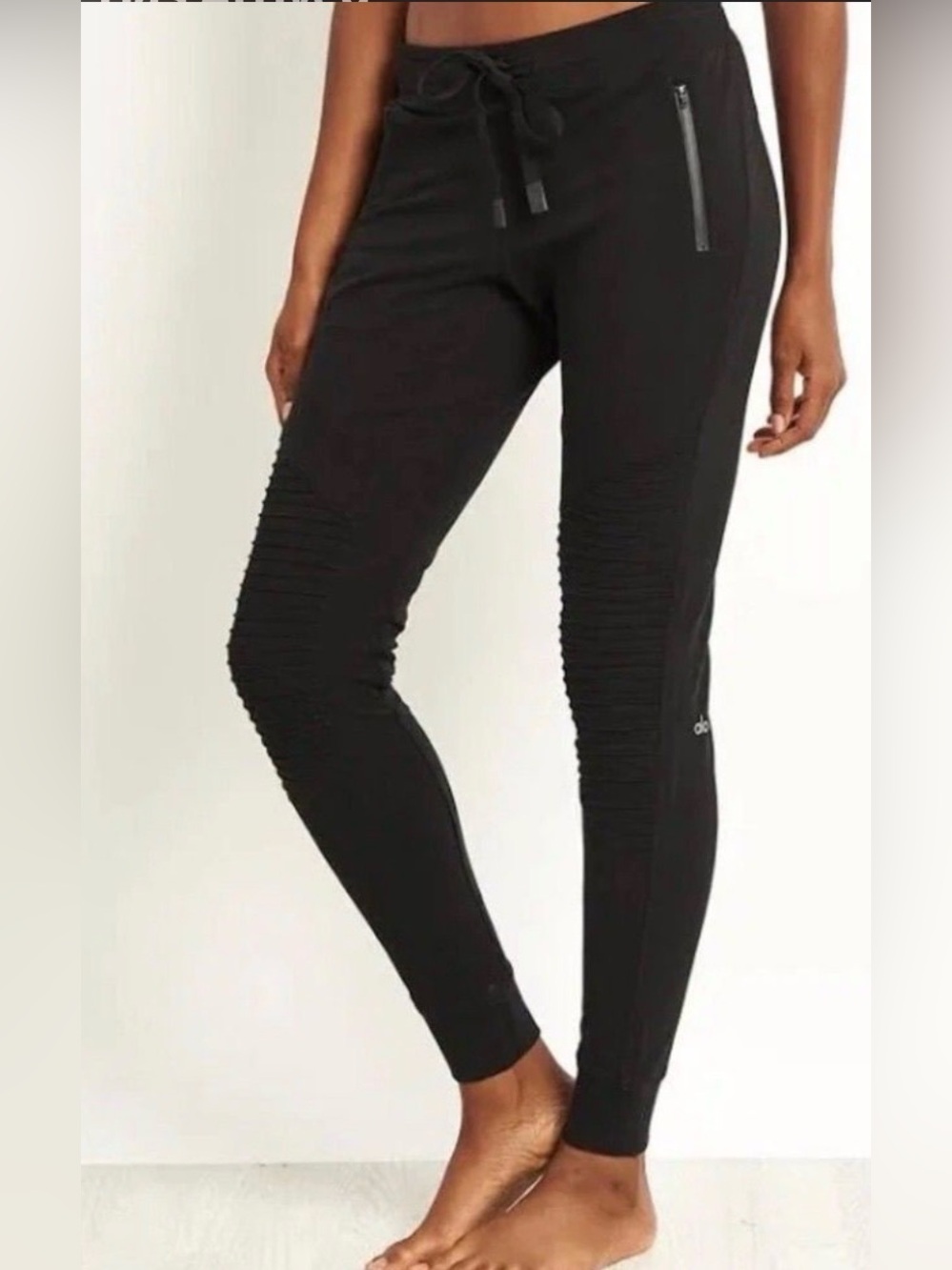 ALO Yoga Black Ribbed Moto-Style Joggers